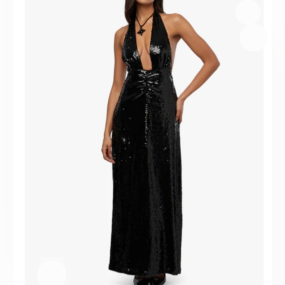 WeWoreWhat Maxi Dress 10 Black Sequins Long Halter Plunge Backless New $200